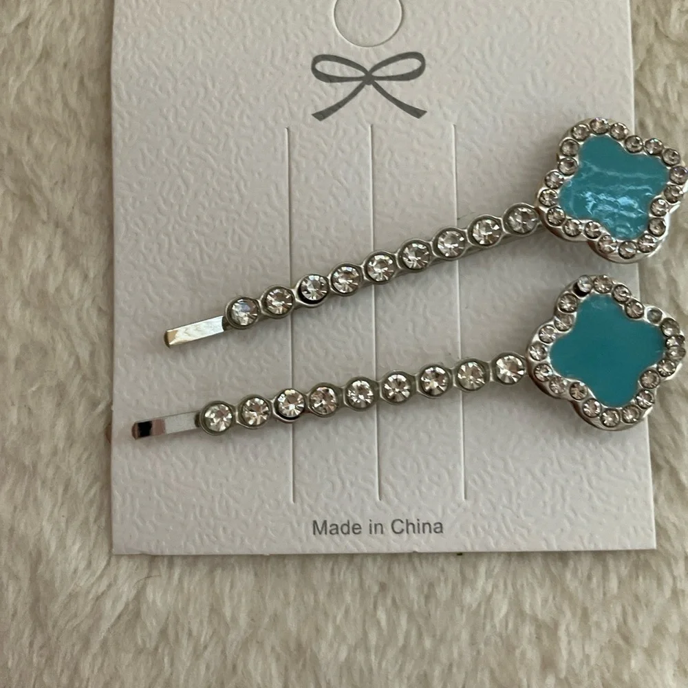 Turquoise Crystal Flower Bobby Pin Set - Elegant Kids Hair Clips